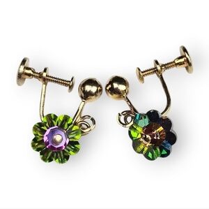 Vintage Margarita Rhinestone Flower Earrings Watermelon Gold Plated Screwback